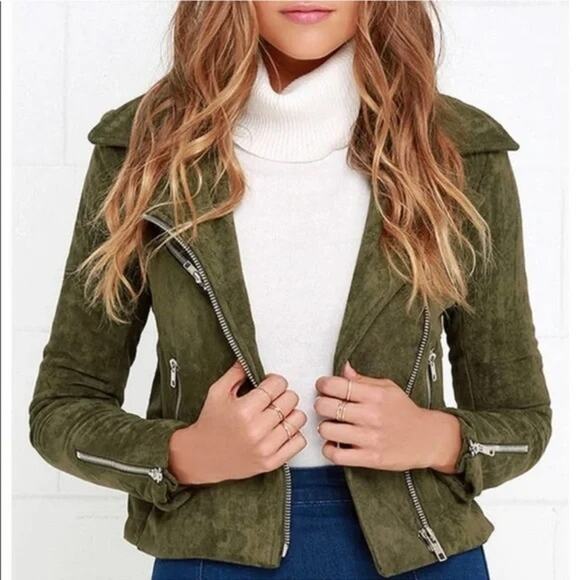 NWT SL8 Suede Olive Green Leather Moto Jacket Size Medium - Picture 1 of 5